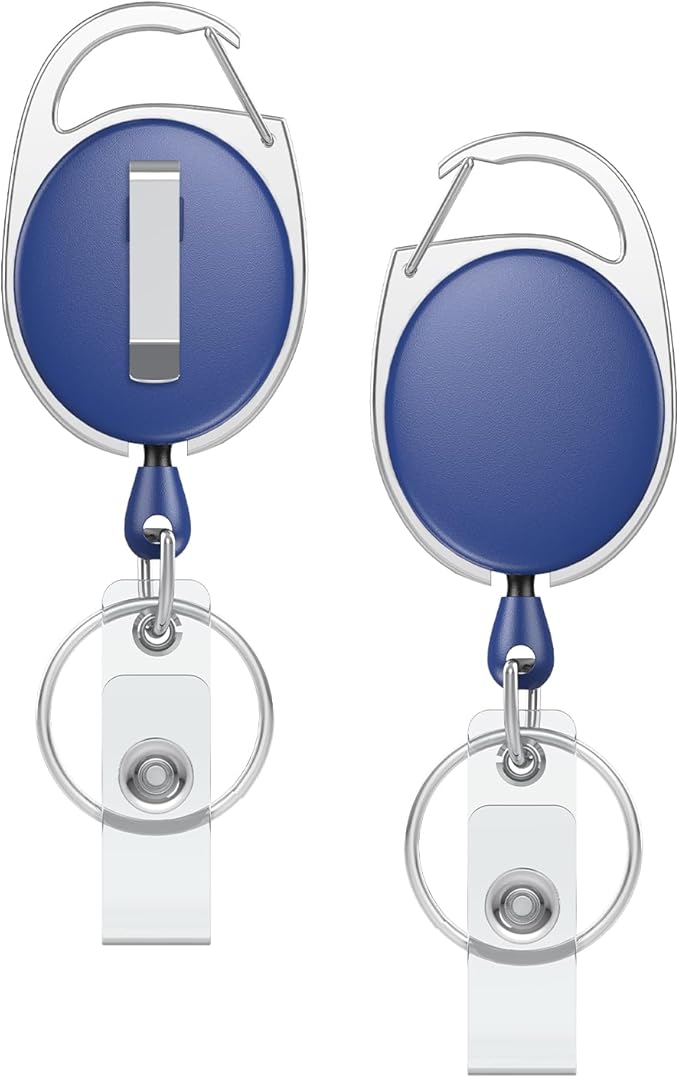 Uniclife 2 Pcs Retractable Badge Reel Keychain Clip for Badge Holder Blue | Heavy Duty, Retractable Badge Clip, Stainless Steel Spring Coil, 24in Nylon Rope, Hard Carabiner Clip, Polished Metal Keyring