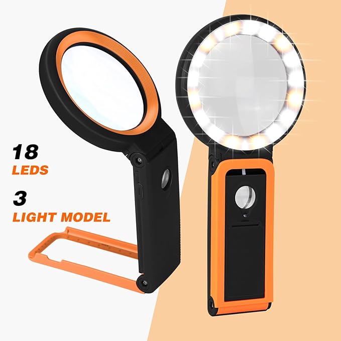 Magnifying Glass with Light and Stand, Foldable Handheld Magnifying Lenses 18 LED Illuminated Lighted Magnifier for Seniors Reading, Close Work, Coins, Jewelry Black