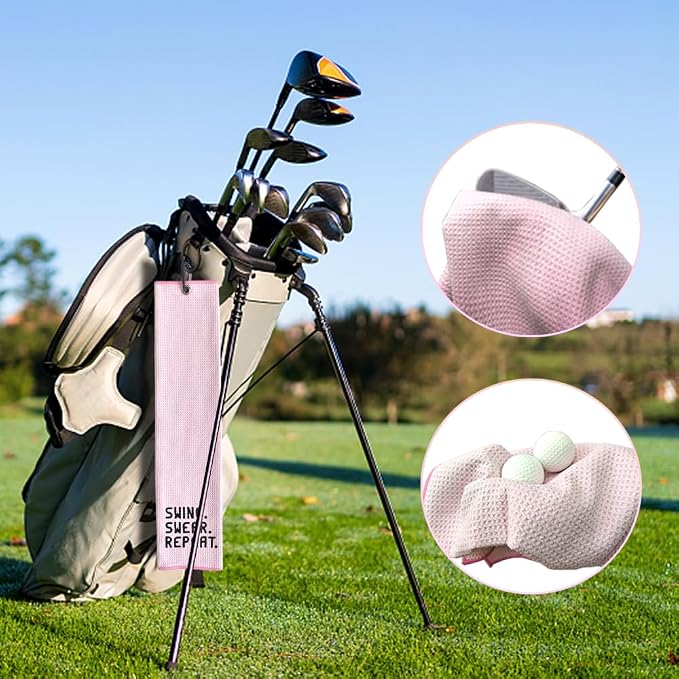 Swing Swear Repeat Embroidered Pink Golf Towel, Funny Towels for Golf Bags with Clip, Mother Day Retirement Birthday Gifts for Grandma Mom Sister Aunt Golfer Sport Lover, Ladies Golf Towel