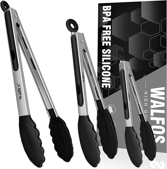 Walfos Kitchen Tongs - Heat Resistant Cooking Tongs Set of 3, Stainless Steel and BPA Free Silicone Tips, Great for Cooking, Grilling, Turning, 7" 9" and 12" (3 black silicone tongs)