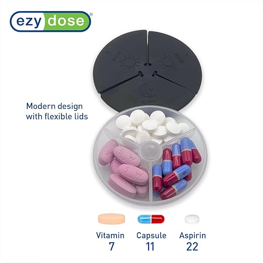 Ezy Dose Weekly (7-Day) Daily Pill Case, Medicine Planner, Vitamin Organizer Container, Compact Round Containers with Flexible Lids and Removable Compartments, 3 Times a Day, Soft Black, BPA Free