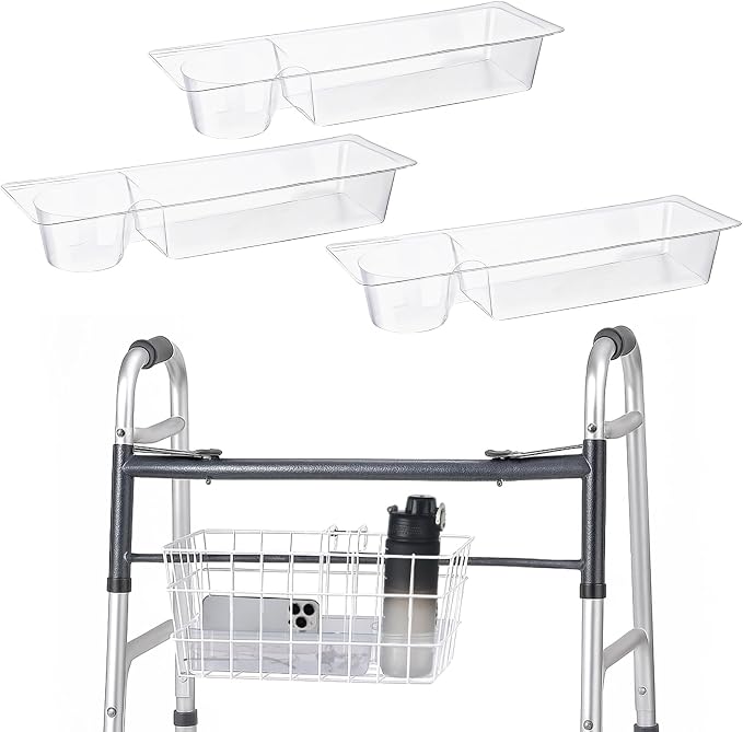 AceOrbit 1 Pcs Walker Basket Insert Clear Plastic Cup Holder Walker Tray Wheelchair Caddy Universal Accessories for Handicap Seniors Elderly