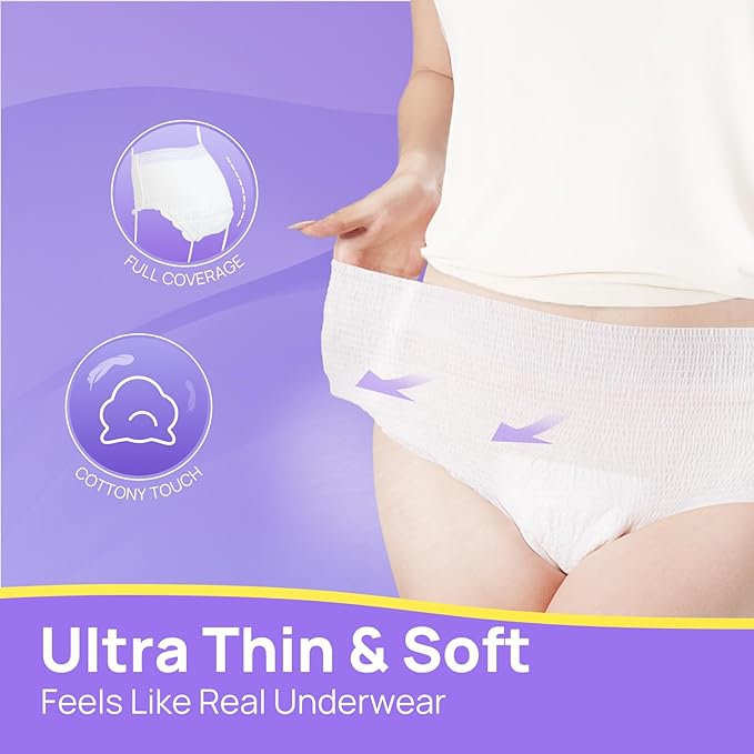 SUNKISS Ultra Thin Incontinence Underwear for Women, High Absorbency & Super Soft Postpartum Diapers, Disposable Adult Pull Ups, Small/Medium, 20 Count