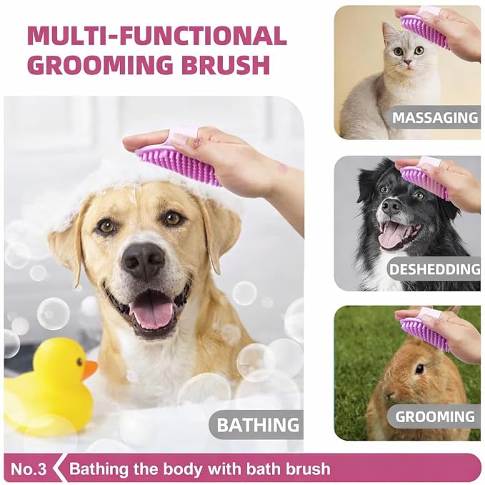 6-Piece Dog and Cat Grooming Kit - Self Cleaning Slicker Brush, Deshedding Brush, Bath Brush with Soap Dispenser, Grooming Bath Gloves, Microfiber Towel and Storage Pouch (Blue)