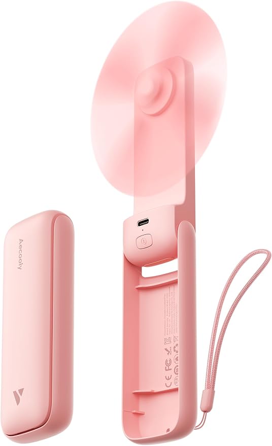 Aecooly Slim Handheld Fan, Thin Portable Fan, USB Rechargeable | Mini Personal [24H Max Cooling Time], Battery Powered Small Foldable Pocket for Travel, Summer, Gifts for Women, Girls -Pink