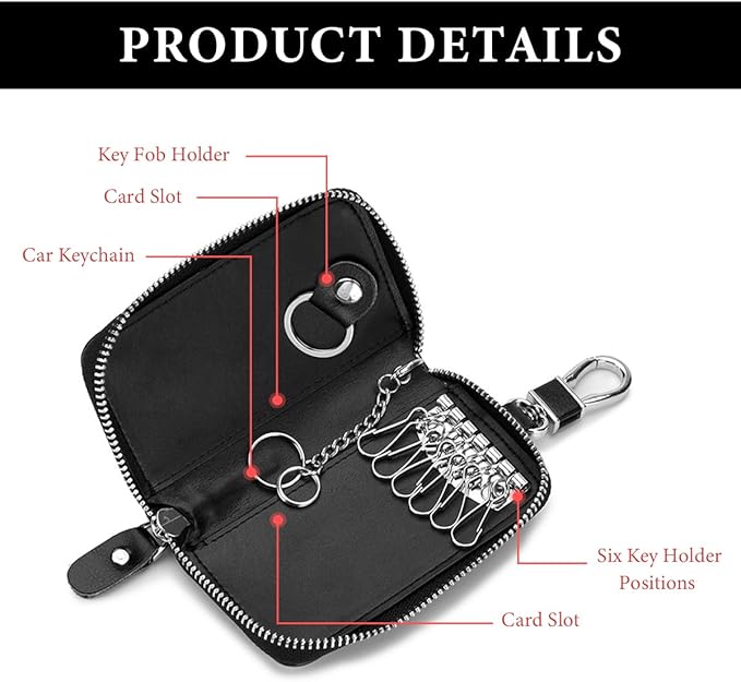 Leather Car Key Holder Bag, Unisex Key Fob Case with 6 Hooks, Zipper Closure Keychian Case Wallet for Smart Keys (Purple)