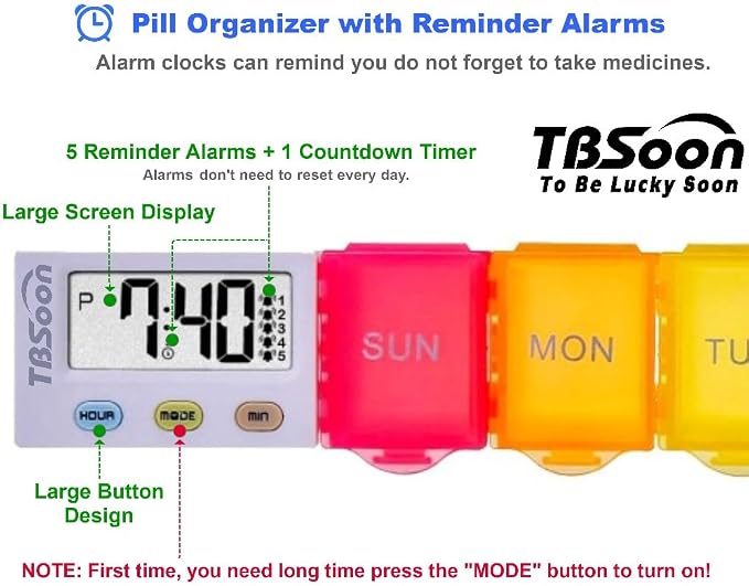 [4 in 1] 7 Day Medicine Pill Organizer+5 Reminder Alarms+Timer+Clock,Large Compartment,Loud Sound,Large Screen,Moisture-Proof,Dust-Proof,Travel Weekly/Daily Pill Box/Organizer/Case/Container/Dispenser