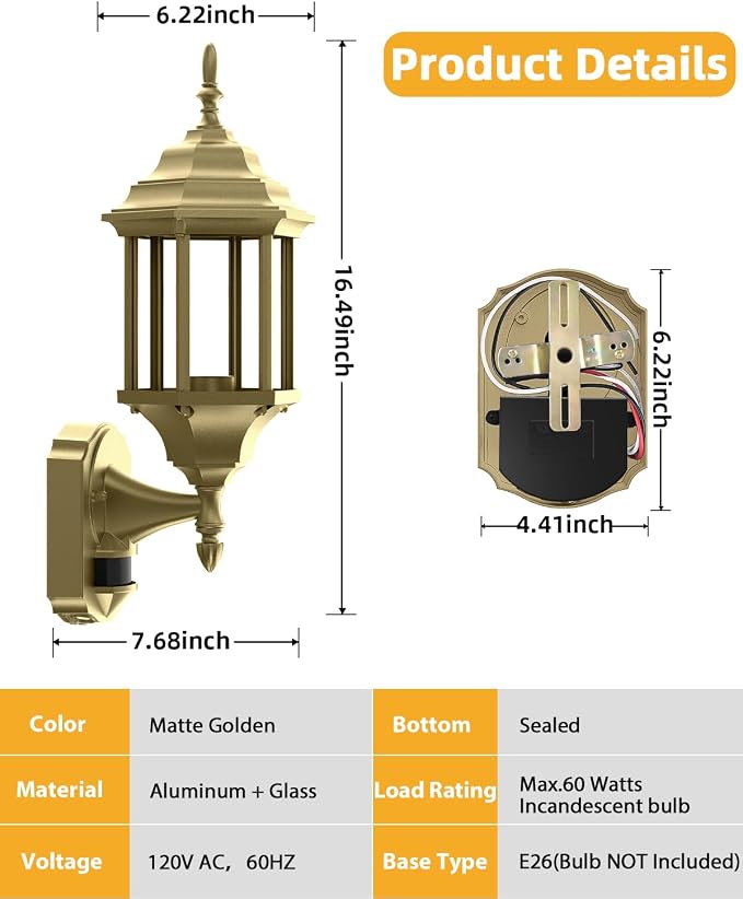 Redluck Motion Sensor Outdoor Wall Light Fixtures, 2Pack Outdoor Wall Lamps | Dusk to Dawn, Anti-Rust, Waterproof Aluminum Frame, Tempered Glass & Classic Exterior Porch Lights for House Garage, Gold