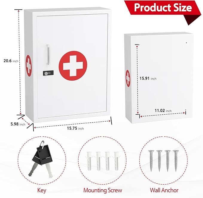 Wall-Mount Locking Medicine Cabinet: Large Metal Storage Organizer Box with Combination & Key Lock - Secure First Aid Medicine Cabinet for Bathroom Home Office(20.6" H x 15.75" W x 5.98" D)