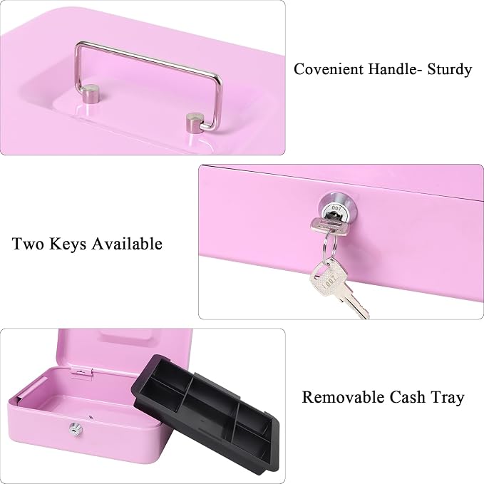 Jssmst Cash Box with Tray - Light Purple Money Box with Key Lock, Money Saving Box Lock Box, 9.84'' x 7.87'' x 2.6'', Light Purple