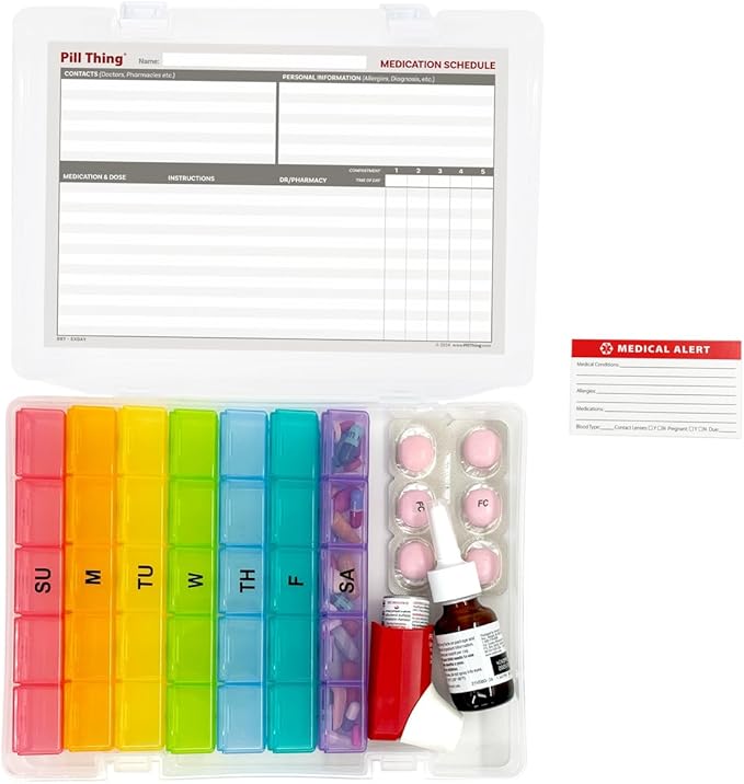 5 Times a Day Weekly Pill Box Organizer Case, Secure 7 Day Pillbox with Medication Schedule (5 Time-a-Day)
