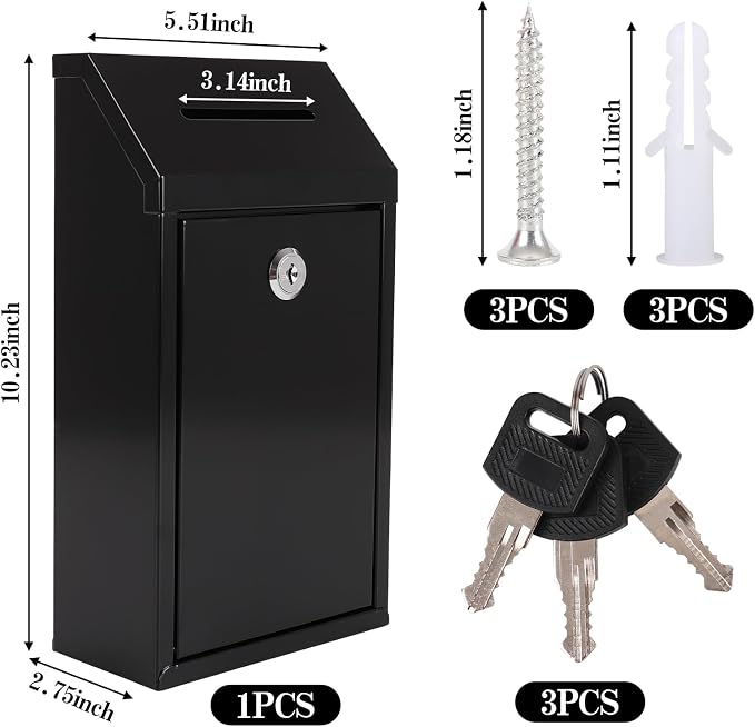 Metal Donation Box with Lock Ballot Box Drop Box with Lock Suggestion Box with Slot and Locks Metal Locks Boxs Comment Box Voting Box Key Drop Box for Home Office(Black,10.24 x 5.71 x 2.95 Inch)