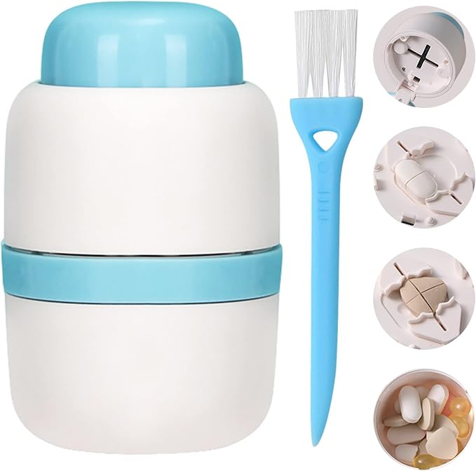 Pill Cutter for Making 1/4 and 1/2 Pills, Pill Cutter for Small or Large Pills, Hidden Safety Blade. Portable Pill Cutter for Going Out or Traveling, Doubles as a Pill Box (Blue)