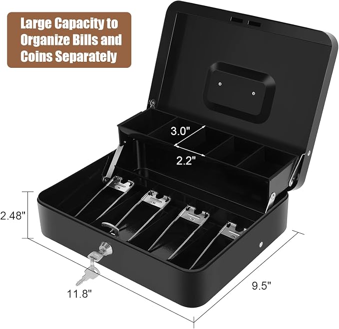 Sumerfnt Cash Box with Money Tray and Lock Money Box with Security Cable, Metal Locking Cash Box - 11.8" x 9.4" x 3.54" Black