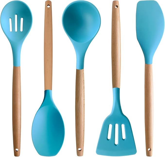 Silicone Kitchen Cooking Utensils Set, 5-Piece Non-Stick Silicone Kitchen Utensils Spatula Serving Spoons Turner Ladle Set w Wooden Handle Heat Resistant Cooking Gadgets for Nonstick Cookware