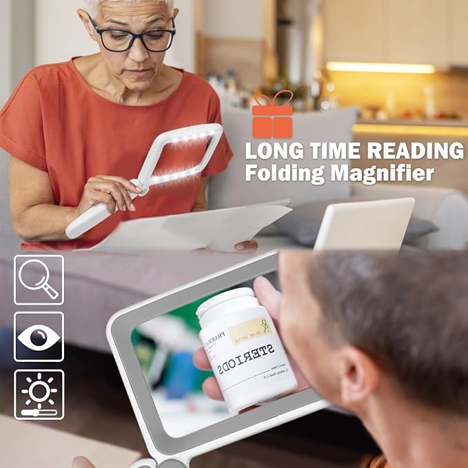 Rechargeable Magnifying Glass with Light for Reading, 5X Large Page Magnifier with LED Lighted for Seniors Low Vision, Folding Handheld Lightweight Rectangle Magnifier for Reading Book Small Print