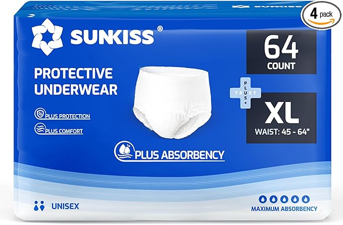 SUNKISS TrustPlus XLarge Unisex Incontinence Disposable Underwear, 64 Count, Quick Dry, Heavy Absorbency, Barrier Leak Protection, Odor Control, Soft, Flexible Fabric