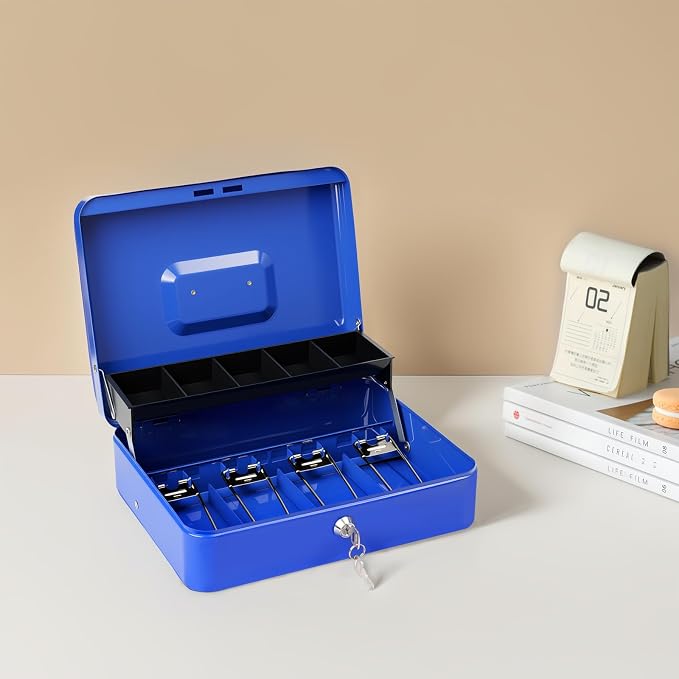 Cash Box with Lock Key and Money Tray - Large Money Box for Cash Register, Metal Lock Box for Money Safe 11.8" x 9.4" x 3.54" Blue