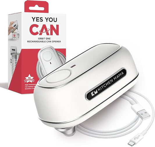 Kitchen Mama Orbit One Rechargeable Electric Can Opener: Hands-free, USB-C Charging, Automatic Stop, Smooth Edge, Safety, Blade for Large Cans, Heavy Duty, Soda and Pop Can, with Storage Box (White)