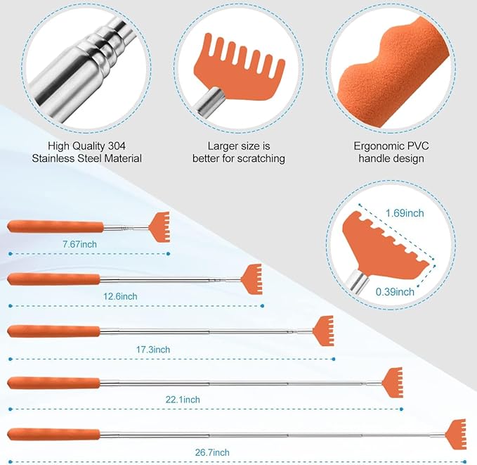 4 Pack Different Style Back Scratcher Metal Portable Telescoping Back scratchers, Extendable Back Massager Tool with Beautiful Box, Stocking Stuffers Gift for Men Women（Orange）