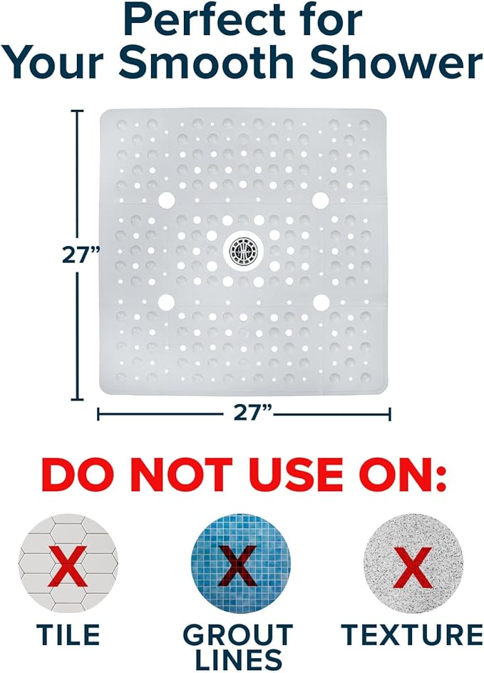 SlipX Solutions 27" Oversize Square Shower Mat, Non-Slip Mat for Elderly & Kids, 100+ Power Grip Suction Cups for Smooth Surfaces, Machine Washable, White