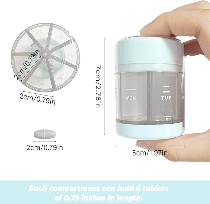7 Day Weekly Travel Pill Box, 2-in-1 Travel Medicine Organizer and Pill Cutter for Home and Travel (Blue,1 Pack)