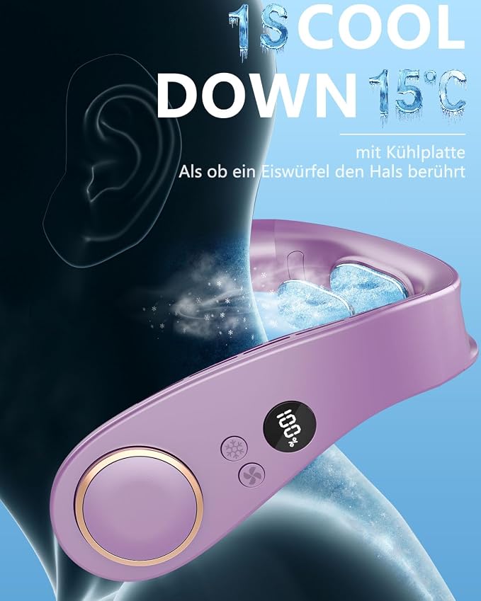 Personal Neck Fans that Blow Cold with Cooling Plate, Wearable Around Bladeless Cooling Device, Rechargeable Head Neck Coolers for Kids Women Men Extremely Hot Weather Outdoor Indoor, Purple