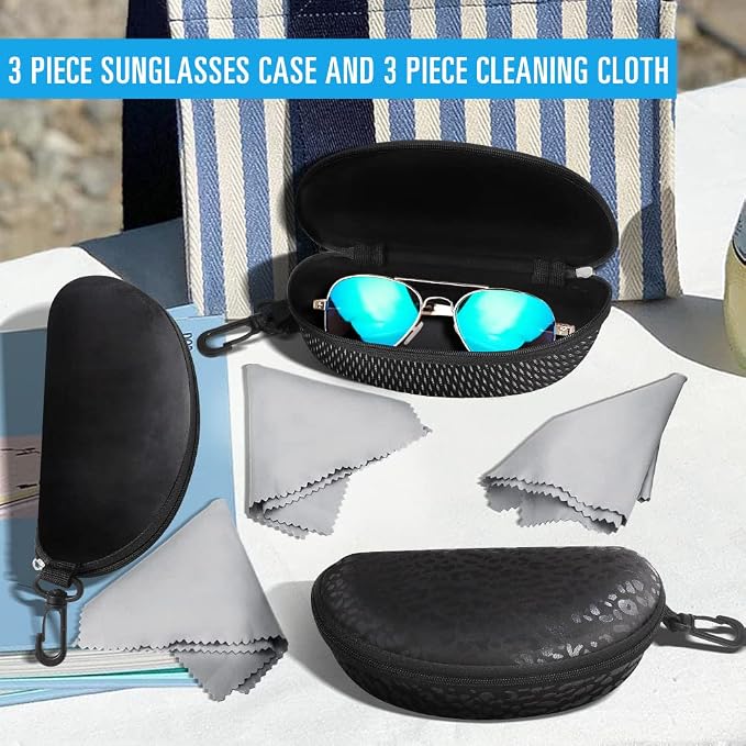 ZONLY 3 Pack Sunglasses Case Portable Travel Zipper Eyeglasses Case Hook With Cleaning Cloth