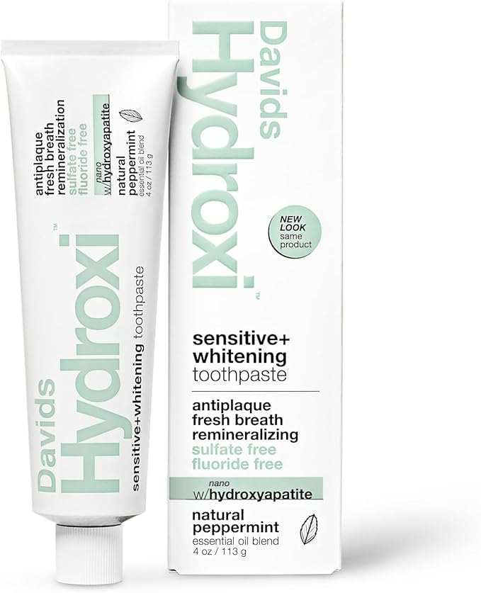 Davids Hydroxi Fluoride Free Nano Hydroxyapatite Toothpaste for Remineralizing Enamel & Sensitive Relief, Whitening, Antiplaque, SLS Free, Natural Peppermint, 4 oz, Made in USA