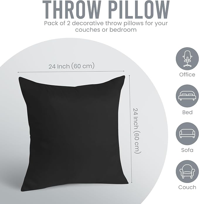 Utopia Bedding 24x24 Pillow Inserts, Set of 2, Black – Indoor Decorative Throw Pillows for Bed, Sofa & Couch – Soft, Supportive & Fluffy Cushion Inserts
