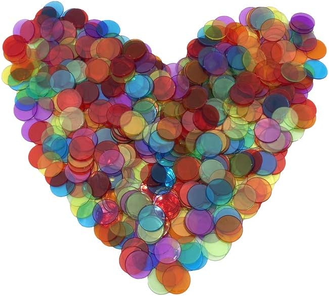 JUNWRROW 500 Pieces 3/4 inch Transparent 6 Color Bingo Counting Chips with Bag
