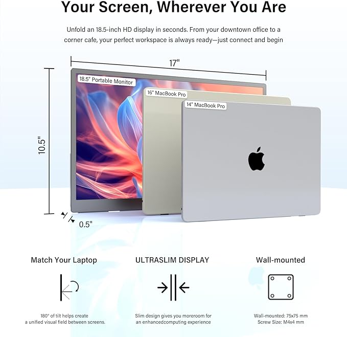 InnoView 4K Portable Monitor 18.5" 3840x2160 UHD USB-C HDMI for Laptop, 10Bit IPS Computer Gaming Display HDR Travel Monitor with W/180°Adjustable Stand for Desktop Mac Phones Tablet PS5/4 Switch