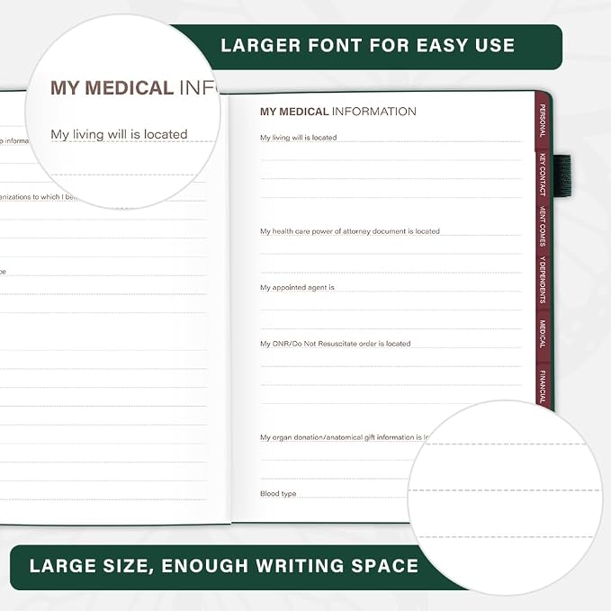 Molekaus End of Life Planner with Tabs, 7"x10" | Guided Estate Planning Organizer, Large Print, 120GSM Thick Paper, Inner Document Pockets for Final & Legal Affairs, Green