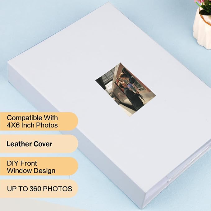 4x6 Photo Album Holds 360 Photos with Writing Space, Leather Cover Picture Book with Front Window for Family Wedding Baby Travel & Graduation Memories, White