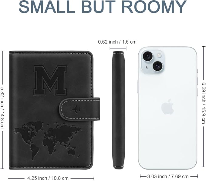 Passport Holder for Travel Essentials Personalized Initial Wallets | Embossed Letter A-Z Design, RFID Blocking, Passport Cover, Passport Book Holders, Men Women, Personalized Gifts, Black-M