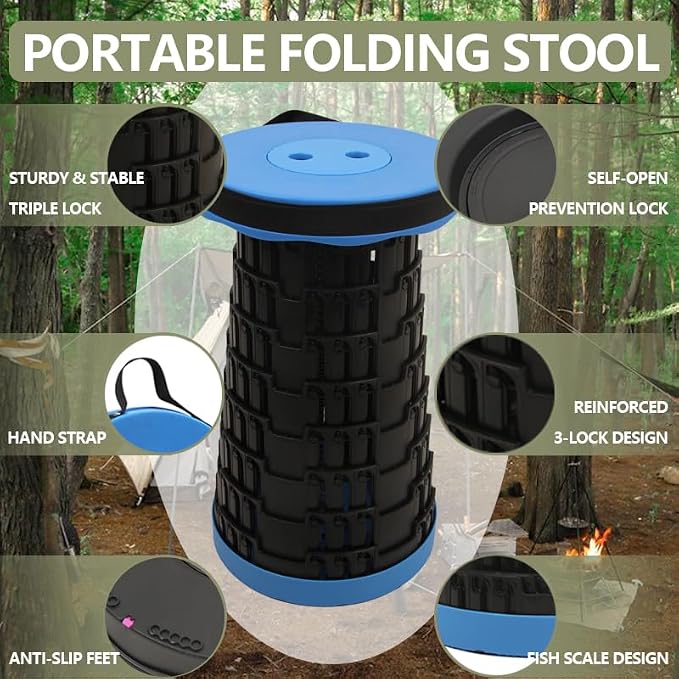 JAEMEYEM Upgraded Foldable Stool, Capacity Portable Retractable Small Folding Stool, Collapsible Telescoping Camping Stool for Adults Outdoor Fishing Hiking Gardening Travel BBQ