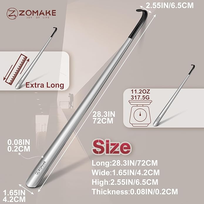 ZOMAKE Extra Long Shoe Horn for Seniors Men,Metal Shoehorn Long handle for Boots,Stainless Steel Shoe Spoon Helper