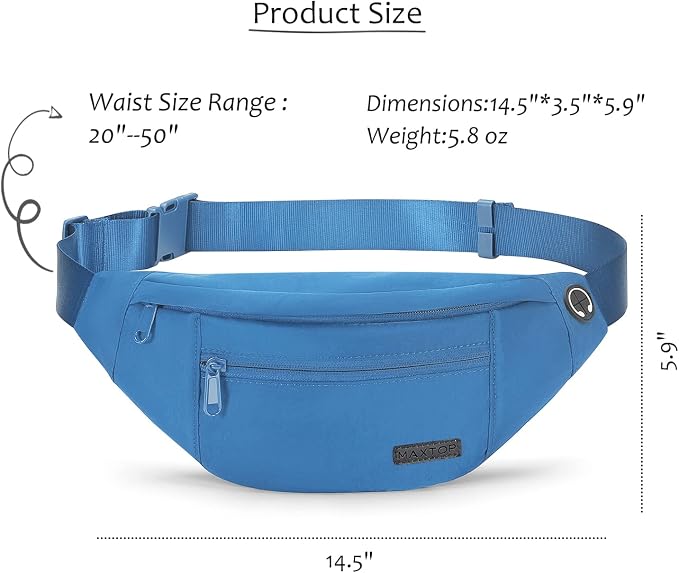 Large Blue Crossbody Fanny Pack for Women Men Belt Bag Fit All Phones | 4-Zipper Pockets,Nylon,Fashion,Gifts for Enjoy Sports Yoga Running Workout Walking Casual