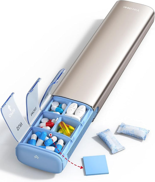 VAYDEER Metal Weekly Pill Organizer – Moisture-Proof Travel Pill Organizer with Built-in Desiccant Chamber and Airtight Lids – Large-Capacity Pill Box for Vitamins, Medicines & Supplements (Champagne)