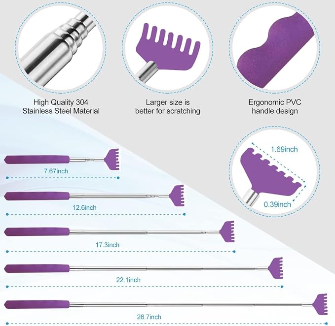 Yeipis 3 Pack Different Back Scratcher Metal Portable Telescoping Back scratchers with Rubber Handles, Extendable Back Massager Tool with Beautiful Box Stocking Stuffers for Men Women（Purple）