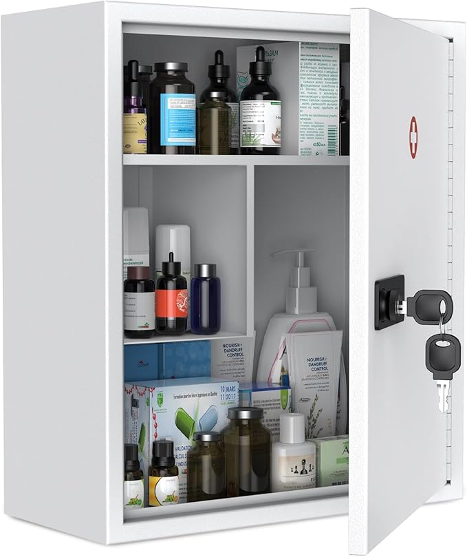 Uniclife Wall Mount Medicine Cabinet with Combination & Key Lock Locking First Aid Cabinet Lockable Medical Cabinet Large Capacity Medicine Organizer Secure Steel Wall Cabinet Metal Storage Box, White