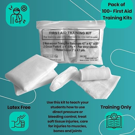 First Aid Training Kit w/Roller Gauze w. Gauze Pads and Triangular Bandages and Gloves 100-Pack MCR Medical