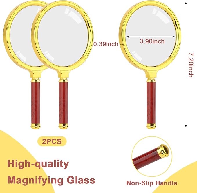 Rongon 5X Handheld Magnifier‌ with ‌Optical Glass Lens‌, 2Pack Vintage Gold Frame & Detachable ‌Rosewood Handle‌, ‌100MM Lens, Reading Magnifier‌ for Books/Newspapers, Jewelry & Hobby Observation