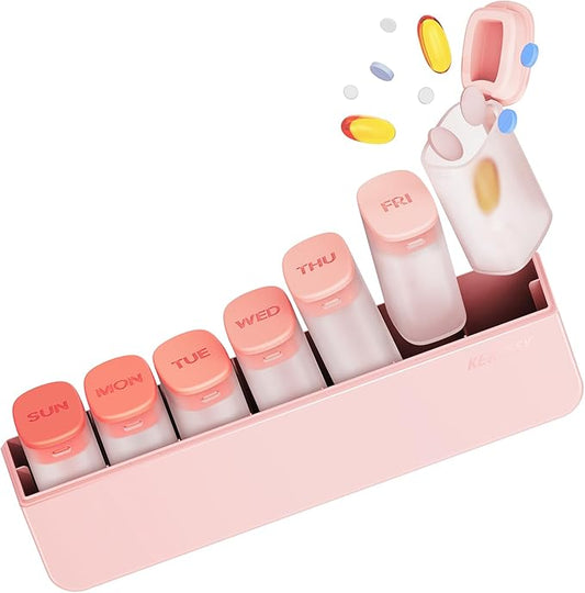 Weekly Pill Organizer 1 Time a Day - Travel Pill Box 7 Days, Large Medicine Pill Case Container for Daily Medication Vitamin Supplement Fish Oil, Portable Week Pills Organizers Holder Dispenser, Pink