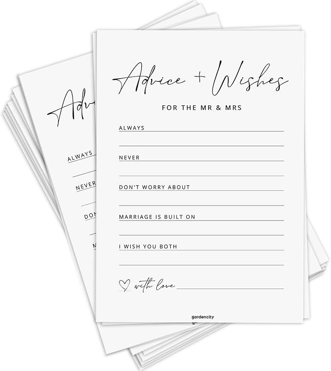 GardenCity Advice and Wishes for the Mr and Mrs, Bridal Shower Games for 50 Guests, Bridal and Wedding Shower Advice Cards, 50 Cards, Minimalist