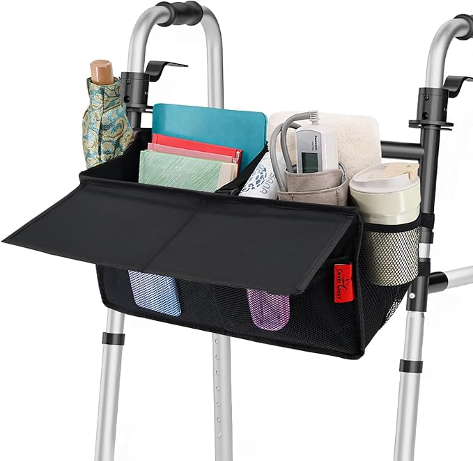 Walker Basket for Width 16"-20" Folding Walkers/Rollators, Large Capacity Walker Storage Baskets with Cup Holder, Lid & Multiple Pocket, Easy to Use Walker Tote Bag for Seniors, Black.