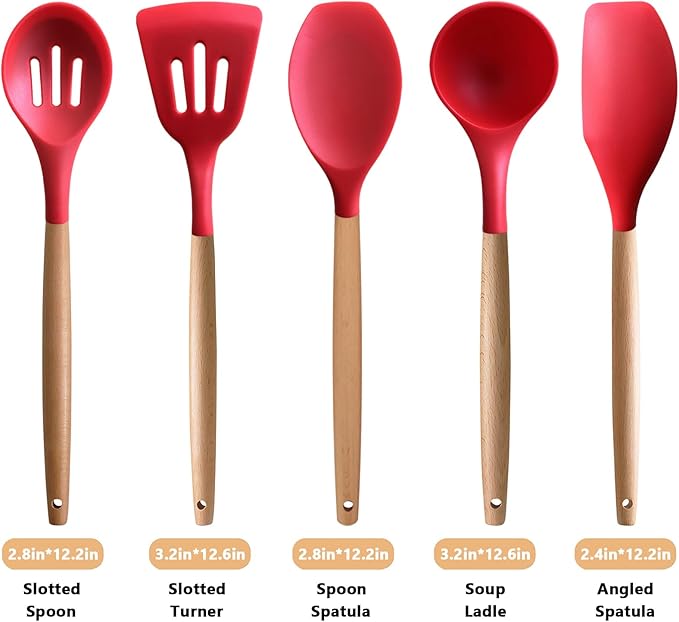 Silicone Cooking Utensils Set 5Pcs Non-Stick Silicone Kitchen Utensils for Cooking, Heat Resistant Kitchen Gadgets Spatula Spoon Turner Set with Wooden Handles for Non-Stick Cookware BPA Free