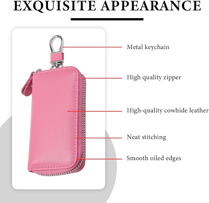 Leather Car Key Holder Bag, Unisex Key Fob Case with 6 Hooks, Zipper Closure Keychian Case Wallet for Smart Keys (Pink)