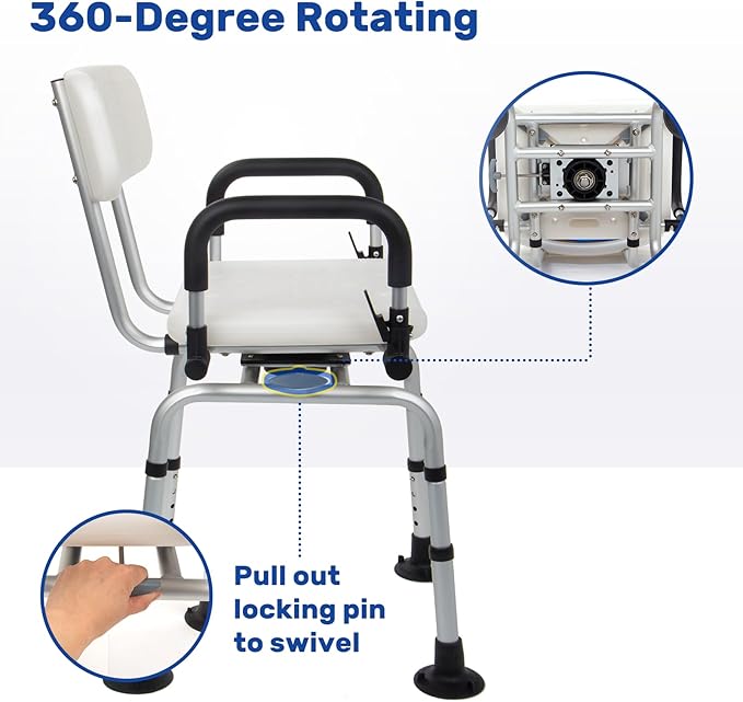 Swivel Shower Chair with Drop Arms for Inside Shower, 360° Rotating Bath Seat for Elderly & Disabled, Adjustable Height Shower Chair with Cushions & Accessories, Compact Design, 350 LBS Capacity