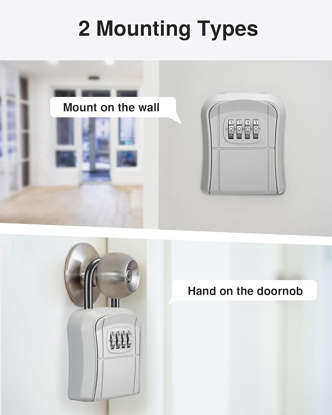 Puroma Key Lock Box Outdoor 4 Digit Code Combination Lockbox House 1 Silver | For Contractors Guest Realtor Storage Keys, Portable, Home Wall Mount, Resettable, Combination, Weatherproof, High-capacity